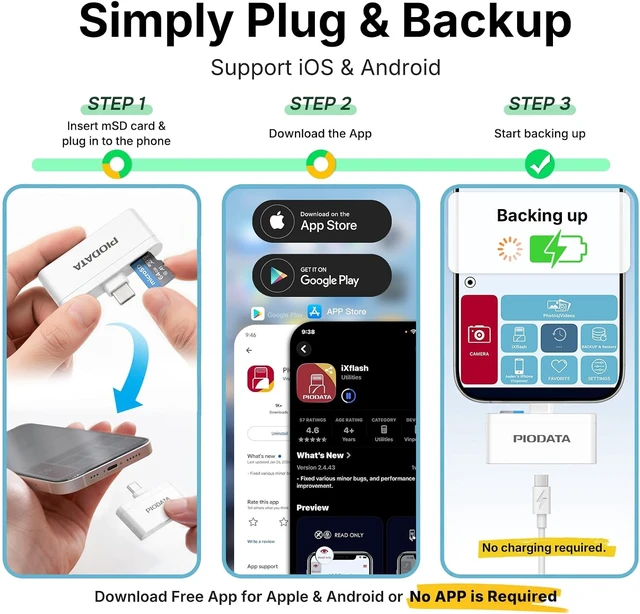 Alt view image 4 of 7 - MFi Micro SD Card Reader for iPhone & Android Auto Backup White
