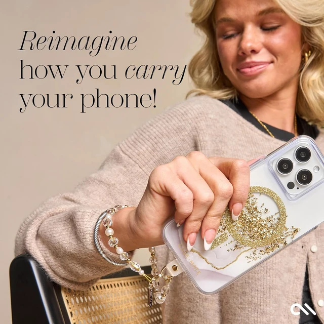 Alt view image 3 of 7 - Phone Charm Wrist Strap w/Pearls & Crystals - Crystal Pearl Gold