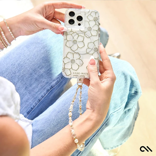 Alt view image 4 of 7 - Phone Charm Wrist Strap w/Pearls & Crystals - Crystal Pearl Gold