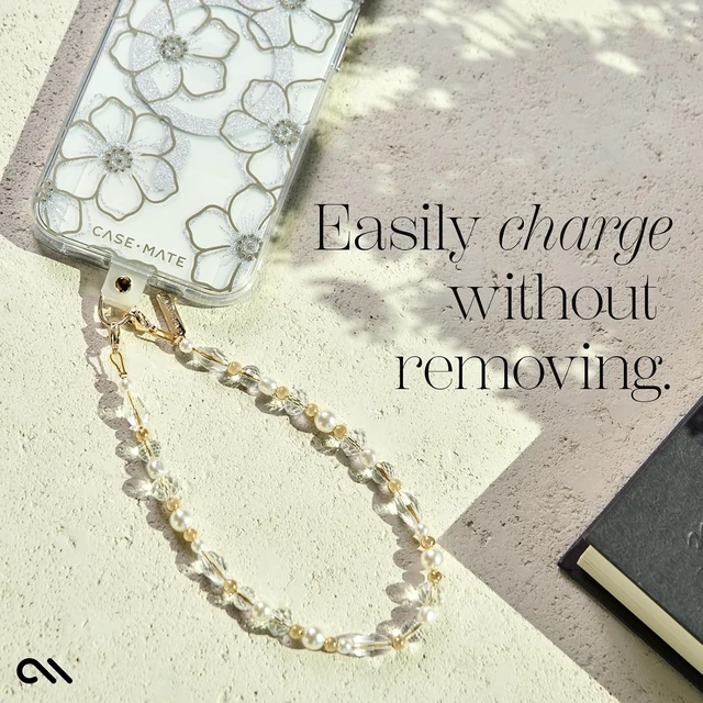 Alt view image 7 of 7 - Phone Charm Wrist Strap w/Pearls & Crystals - Crystal Pearl Gold