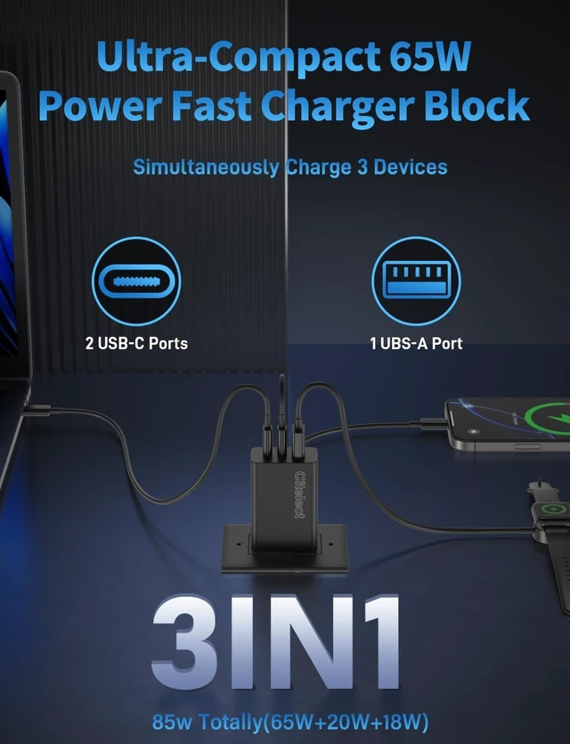 Alt view image 2 of 7 - 85W Dynamic Power GaN USB-C Fast Charger 2C1A 3-Port Max 65W 2 Pack