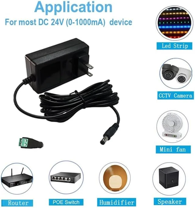 Alt view image 6 of 7 - DC 24V 1A 1000mA Power Supply AC Adapter 100-240V 50-60Hz to 24 Volts 1 Amp Transformer 10FT dc24V 1Amp Power Adapter Cord with 5.5mm X 2.5mm Plug (10ft Extension Power Cable)