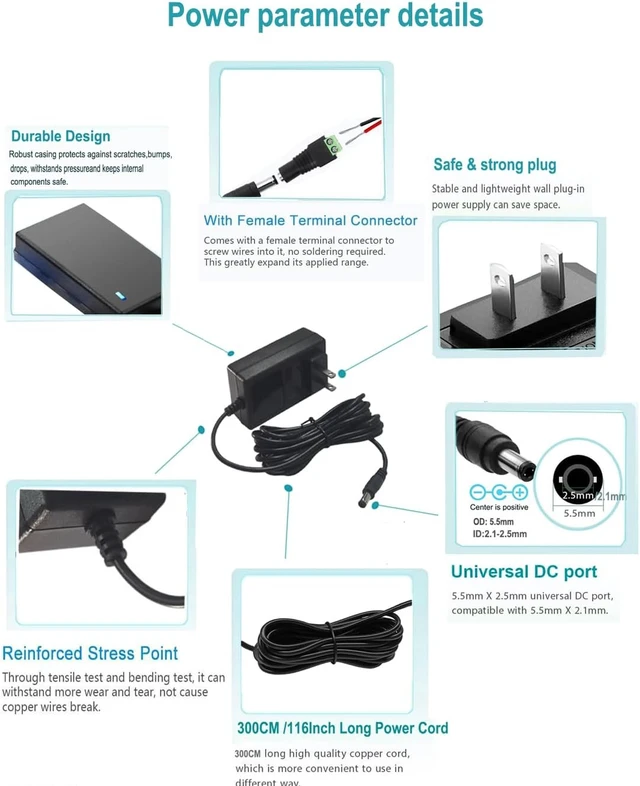 Alt view image 3 of 7 - DC 24V 1A 1000mA Power Supply AC Adapter 100-240V 50-60Hz to 24 Volts 1 Amp Transformer 10FT dc24V 1Amp Power Adapter Cord with 5.5mm X 2.5mm Plug (10ft Extension Power Cable)