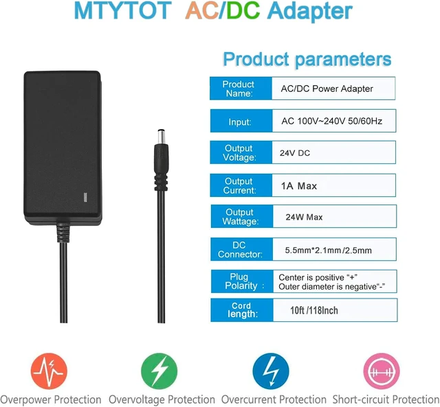 Alt view image 2 of 7 - DC 24V 1A 1000mA Power Supply AC Adapter 100-240V 50-60Hz to 24 Volts 1 Amp Transformer 10FT dc24V 1Amp Power Adapter Cord with 5.5mm X 2.5mm Plug (10ft Extension Power Cable)
