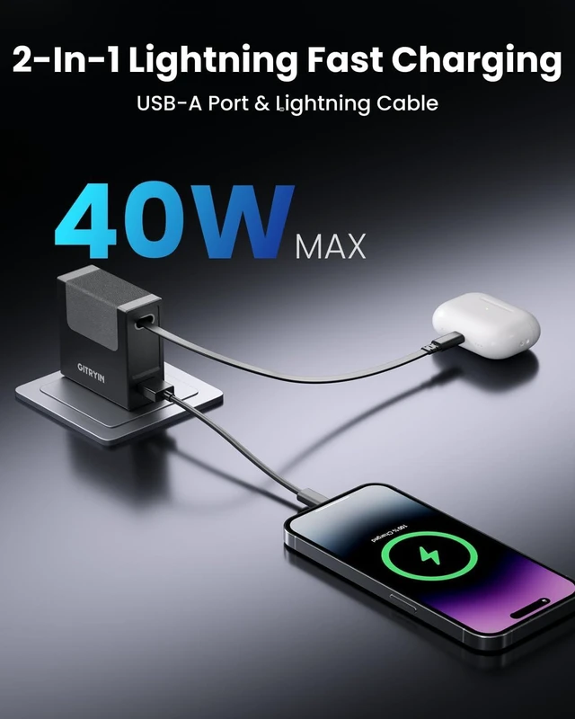 Alt view image 3 of 7 - 40W PD Retractable USB Wall Charger 33.5in Lightning Cable 1 USBA