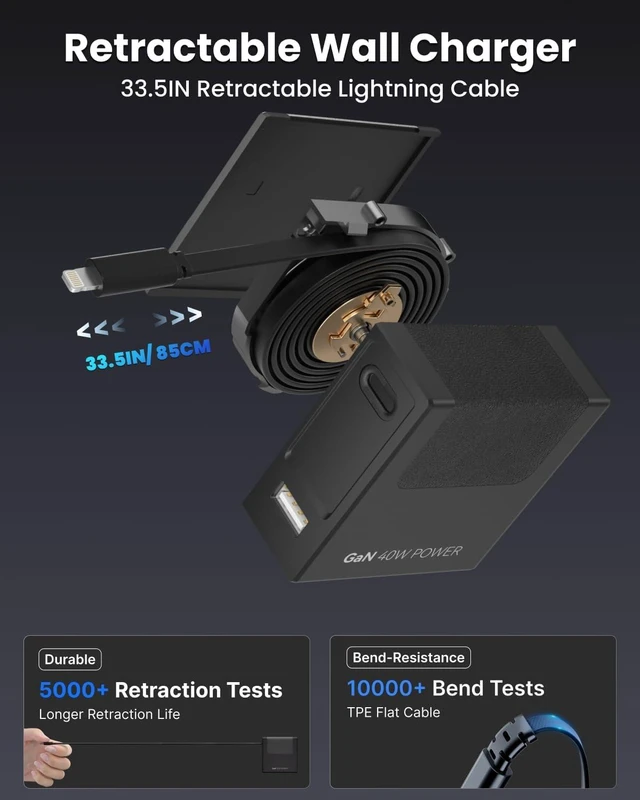 Alt view image 4 of 7 - 40W PD Retractable USB Wall Charger 33.5in Lightning Cable 1 USBA