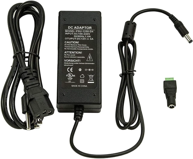 Main image of 12V 5A AC to DC Power Adapter UL Listed 60W 100-220V to 12 Volt 5 Amp Transformer for Security Camera System Flexible LED Tape Strip Light 3 Foot Cord