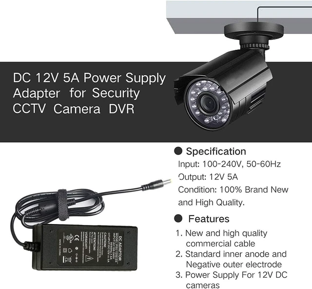 Alt view image 5 of 6 - 12V 5A AC to DC Power Adapter UL Listed 60W 100-220V to 12 Volt 5 Amp Transformer for Security Camera System Flexible LED Tape Strip Light 3 Foot Cord