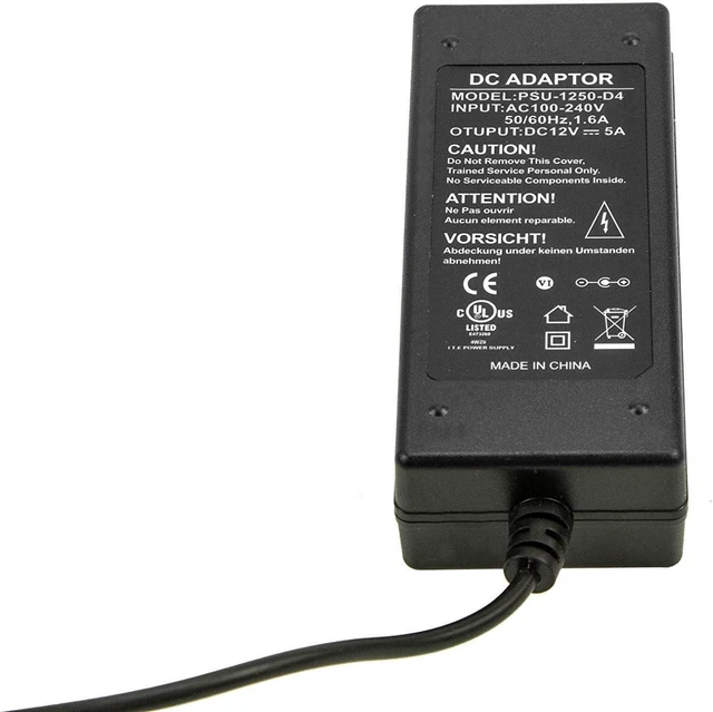 Alt view image 6 of 6 - 12V 5A AC to DC Power Adapter UL Listed 60W 100-220V to 12 Volt 5 Amp Transformer for Security Camera System Flexible LED Tape Strip Light 3 Foot Cord
