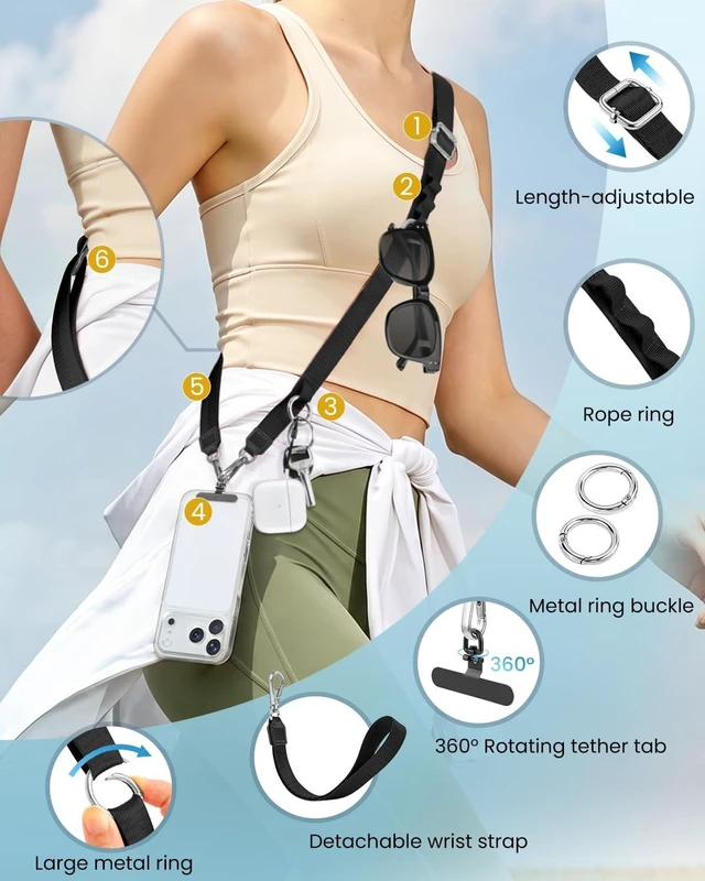 Alt view image 2 of 7 - Phone Lanyard Crossbody Strap 3-in-1 Cell Phone Lanyard for Around The Neck with Detachable Wrist Strap Adjustable Hands-Free Teacher Lanyards for Women Men Travel Daily Cycling Black