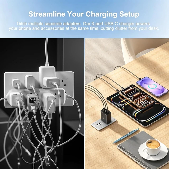 Alt view image 5 of 7 - Dual 45W USB C Charger Super Fast Charger Type C + USB-A Multi Port