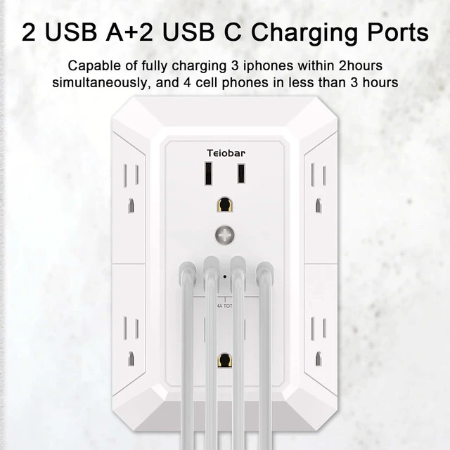 Alt view image 3 of 7 - Multi Plug Wall Outlet Surge Protector with 6-Outlet & 4 USB Ports(2USB-C)