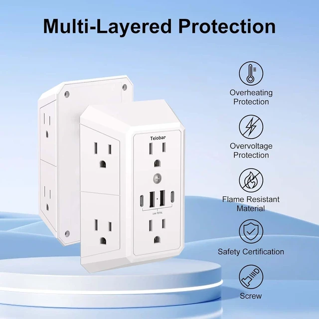Alt view image 4 of 7 - Multi Plug Wall Outlet Surge Protector with 6-Outlet & 4 USB Ports(2USB-C)