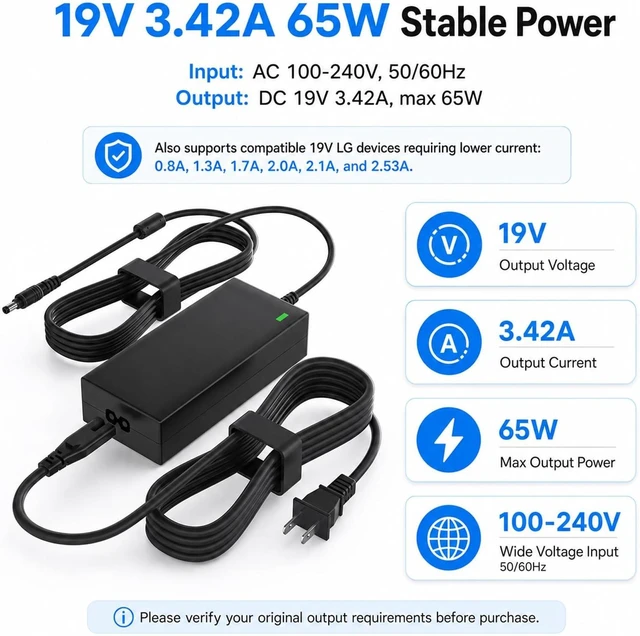 Alt view image 3 of 7 - 19V 3.42A Power Adapter Compatible with LG Monitor Power Cord 65W AC DC Charger Replacement for LG 19 20 22 23 24 27 29 32 LCD LED HD TV UltraWide Monitor 6.5 x 4.4mm Connector