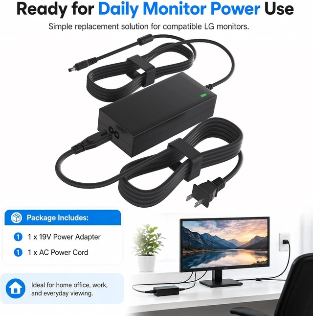 Alt view image 7 of 7 - 19V 3.42A Power Adapter Compatible with LG Monitor Power Cord 65W AC DC Charger Replacement for LG 19 20 22 23 24 27 29 32 LCD LED HD TV UltraWide Monitor 6.5 x 4.4mm Connector