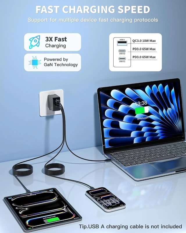 Alt view image 2 of 7 - 65W USB C Charger 3 in 1 Foldable Macbook&iPhone Charging Block with Cable