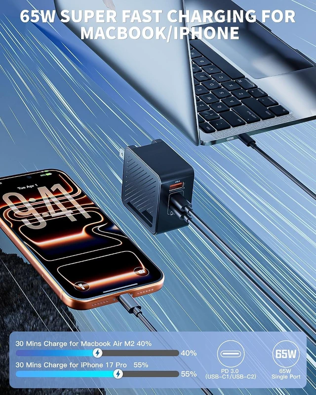 Alt view image 3 of 7 - 65W USB C Charger 3 in 1 Foldable Macbook&iPhone Charging Block with Cable