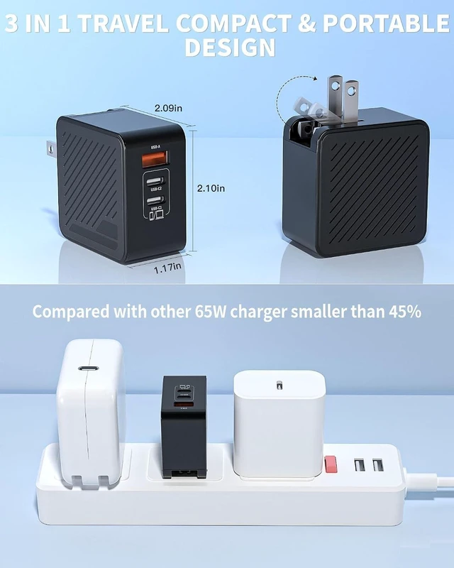 Alt view image 6 of 7 - 65W USB C Charger 3 in 1 Foldable Macbook&iPhone Charging Block with Cable