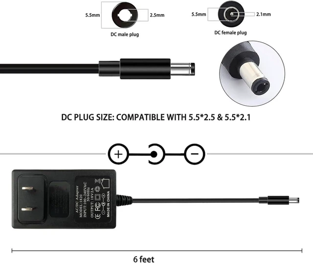 Alt view image 3 of 7 - 18V 2A 36W AC/DC Power Supply Adapter Wall Center Positive DC Plug 5.5x2.1mm 5.5mmx2.5mm Compatible for 18 Volt 1A 1.1A 1.2A 1.3A 1.4A 1.5A 1.6A 1.7A 1.8A 1.9A 2A 1000mA~2000mA Equipment (6 ft)