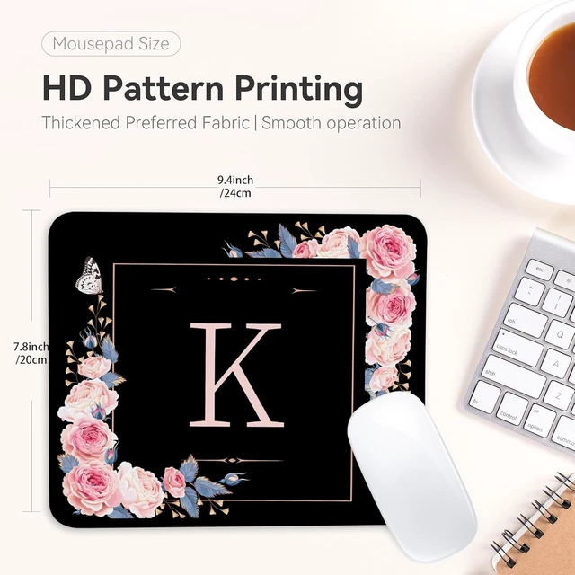 Alt view image 2 of 7 - Letter K Black and Pink Flowers Square Mouse Pad Mouse Pad with Stitched Edge and Non-Slip Rubber Base Mouse Mat Home Office Decor Desk Accessories 9.4x7.8x0.12 inch Square Mouse Pad