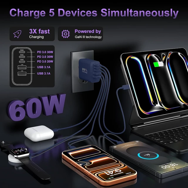 Alt view image 4 of 7 - USB C Charger Block Fast Charging 60W USBC Type C Wall Plug Charging Cubes