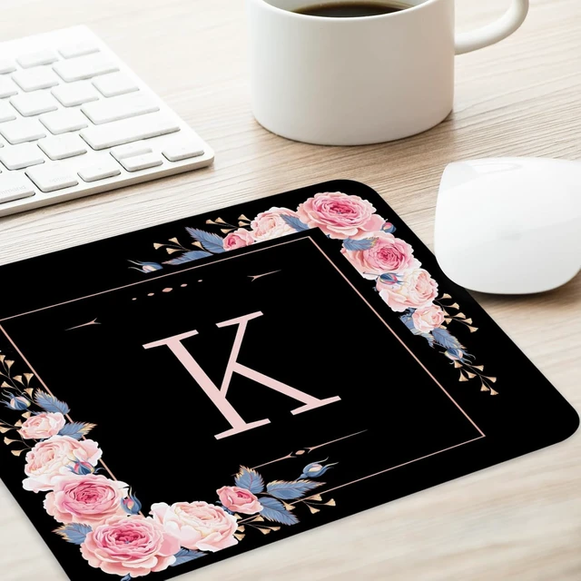 Alt view image 4 of 7 - Letter K Black and Pink Flowers Square Mouse Pad Mouse Pad with Stitched Edge and Non-Slip Rubber Base Mouse Mat Home Office Decor Desk Accessories 9.4x7.8x0.12 inch Square Mouse Pad