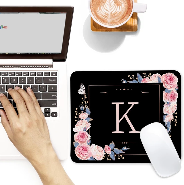 Alt view image 3 of 7 - Letter K Black and Pink Flowers Square Mouse Pad Mouse Pad with Stitched Edge and Non-Slip Rubber Base Mouse Mat Home Office Decor Desk Accessories 9.4x7.8x0.12 inch Square Mouse Pad