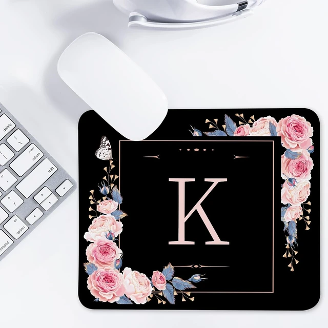 Alt view image 7 of 7 - Letter K Black and Pink Flowers Square Mouse Pad Mouse Pad with Stitched Edge and Non-Slip Rubber Base Mouse Mat Home Office Decor Desk Accessories 9.4x7.8x0.12 inch Square Mouse Pad