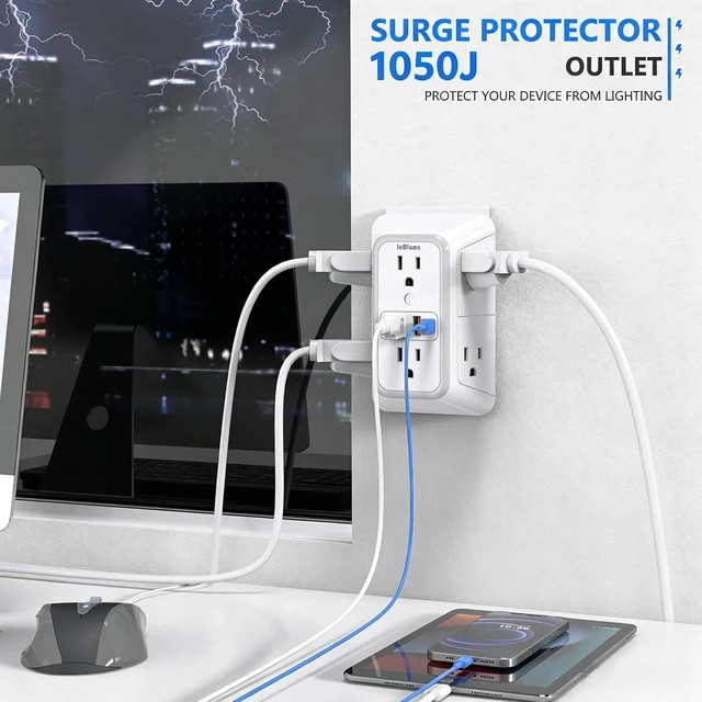 Alt view image 5 of 7 - Outlet Extender Surge Protector - 6 Outlet Splitter with 4 USB Ports (2 USB C) Multiple Plug Expander Wall Charger 3 Sided Multi Plug Wall Adapter Power Strip for Home Office Kitchen Travel