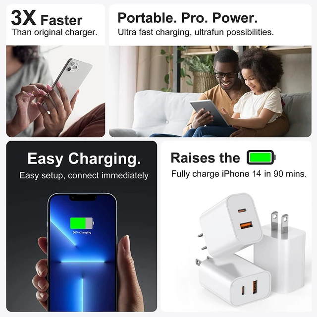 Alt view image 6 of 7 - USB C Charger Block 3Pack 20W Dual Port USB C Wall Charger Plug