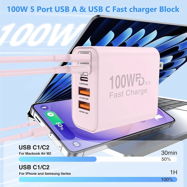 Alt view image 2 of 7 - USB C Wall Fast Charger Block 100W 5-Port Type C Fast Charging Block