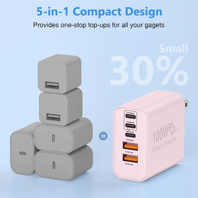 Alt view image 5 of 7 - USB C Wall Fast Charger Block 100W 5-Port Type C Fast Charging Block