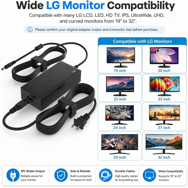 Alt view image 2 of 7 - 19V 3.42A Power Adapter Compatible with LG Monitor Power Cord 65W AC DC Charger Replacement for LG 19 20 22 23 24 27 29 32 LCD LED HD TV UltraWide Monitor 6.5 x 4.4mm Connector