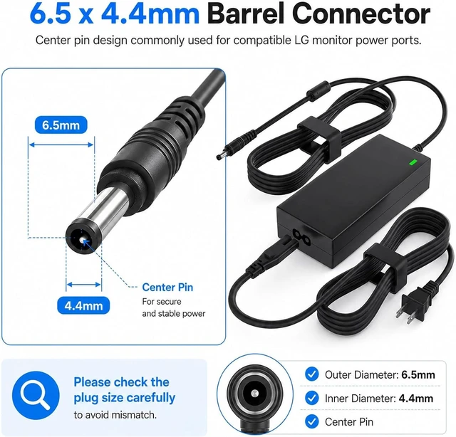 Alt view image 4 of 7 - 19V 3.42A Power Adapter Compatible with LG Monitor Power Cord 65W AC DC Charger Replacement for LG 19 20 22 23 24 27 29 32 LCD LED HD TV UltraWide Monitor 6.5 x 4.4mm Connector