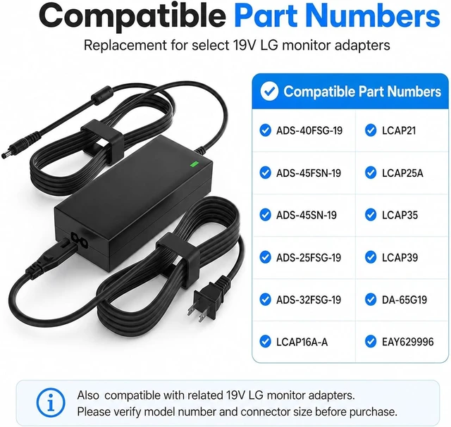 Alt view image 5 of 7 - 19V 3.42A Power Adapter Compatible with LG Monitor Power Cord 65W AC DC Charger Replacement for LG 19 20 22 23 24 27 29 32 LCD LED HD TV UltraWide Monitor 6.5 x 4.4mm Connector