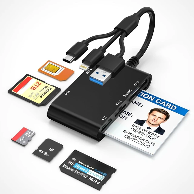 Main image of Military CAC & Government PIV Card Reader with USB-C/USB-A/Lightning 7-in-1 CAC/PIV Identity Reader SIM Card Reader SD/TF/Memory Stick Pro Duo/M2/MMC Adapter for iPhone Android Mac iPad Laptop PC