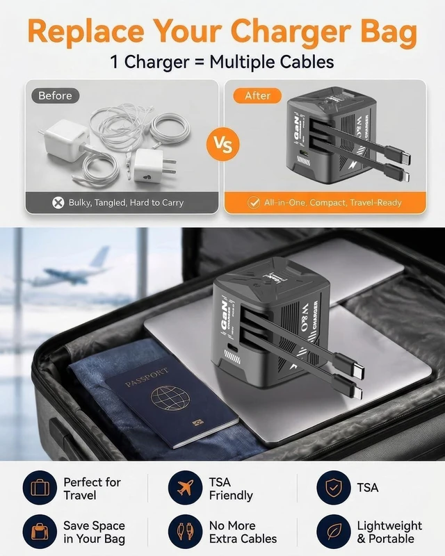 Alt view image 5 of 7 - 60W GaN Fast Charger Wall Plug Built-in Retractable USB-C & L Cables
