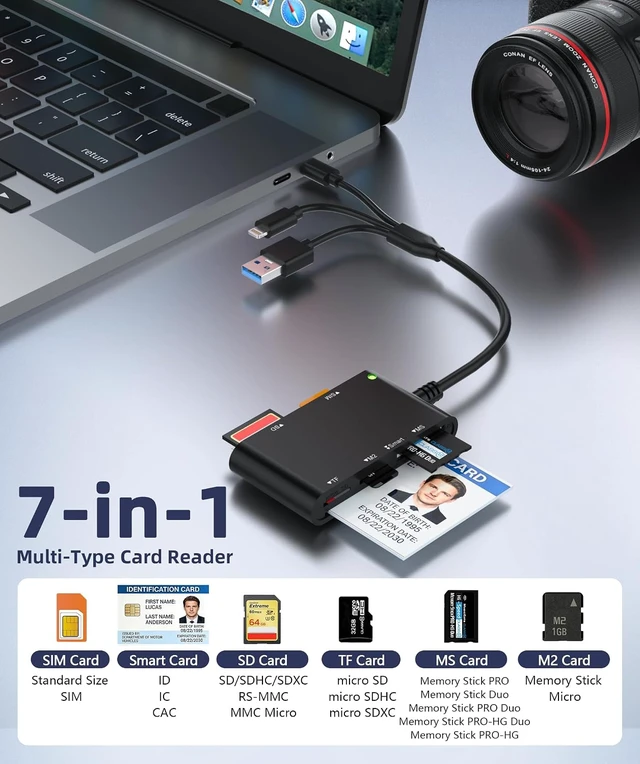 Alt view image 2 of 7 - Military CAC & Government PIV Card Reader with USB-C/USB-A/Lightning 7-in-1 CAC/PIV Identity Reader SIM Card Reader SD/TF/Memory Stick Pro Duo/M2/MMC Adapter for iPhone Android Mac iPad Laptop PC