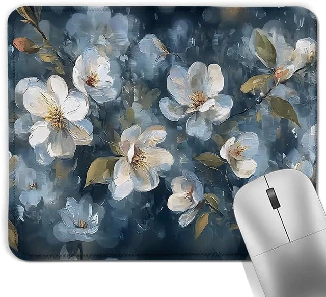 Main image of Navy Blue Vintage White Floral Square Mouse Pad Spring Cottagecore Magnolia Flower Botanical Mousepad Mat for Home Office Computer Gaming Desk Accessories 9.5x7.9 in