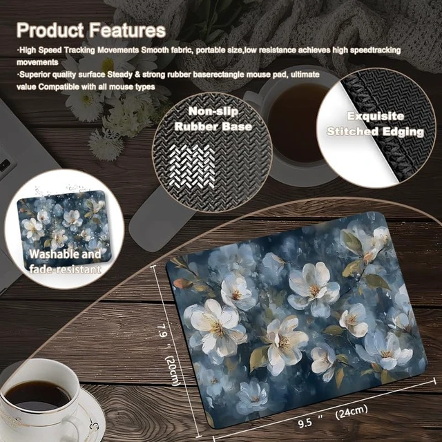 Alt view image 2 of 6 - Navy Blue Vintage White Floral Square Mouse Pad Spring Cottagecore Magnolia Flower Botanical Mousepad Mat for Home Office Computer Gaming Desk Accessories 9.5x7.9 in