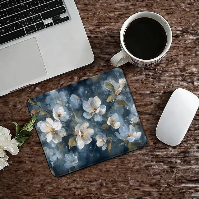 Alt view image 4 of 6 - Navy Blue Vintage White Floral Square Mouse Pad Spring Cottagecore Magnolia Flower Botanical Mousepad Mat for Home Office Computer Gaming Desk Accessories 9.5x7.9 in