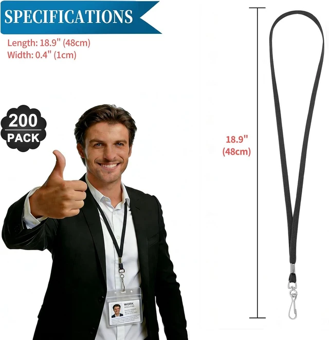 Alt view image 2 of 7 - 200 Pack Black Lanyards for ID Badges Bulk with Swivel Hook