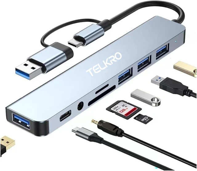 Main image of USB Hub C 8-in-1 Multiport Adapter & Splitter Dual Input USB-C/3.0 to High-Speed 3.0 3 USB 2.0 USB C 3.5mm Audio & SD/TF Card Reader Portable Aluminum Dongle for MacBook Laptop PC