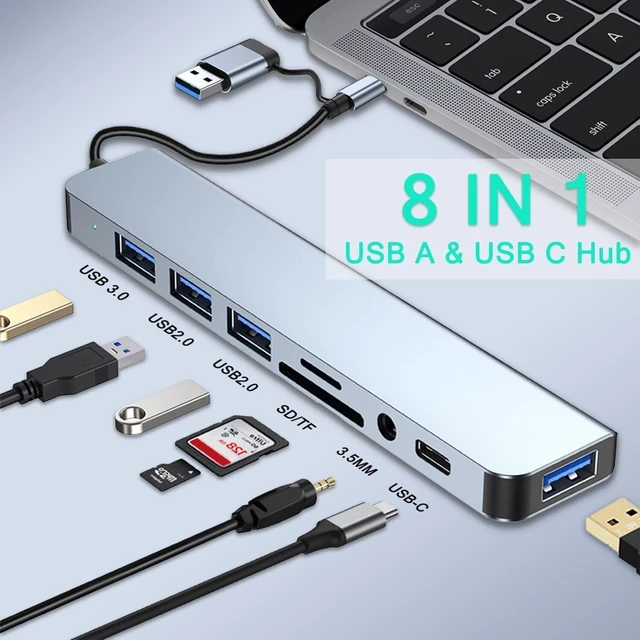 Alt view image 2 of 7 - USB Hub C 8-in-1 Multiport Adapter & Splitter Dual Input USB-C/3.0 to High-Speed 3.0 3 USB 2.0 USB C 3.5mm Audio & SD/TF Card Reader Portable Aluminum Dongle for MacBook Laptop PC