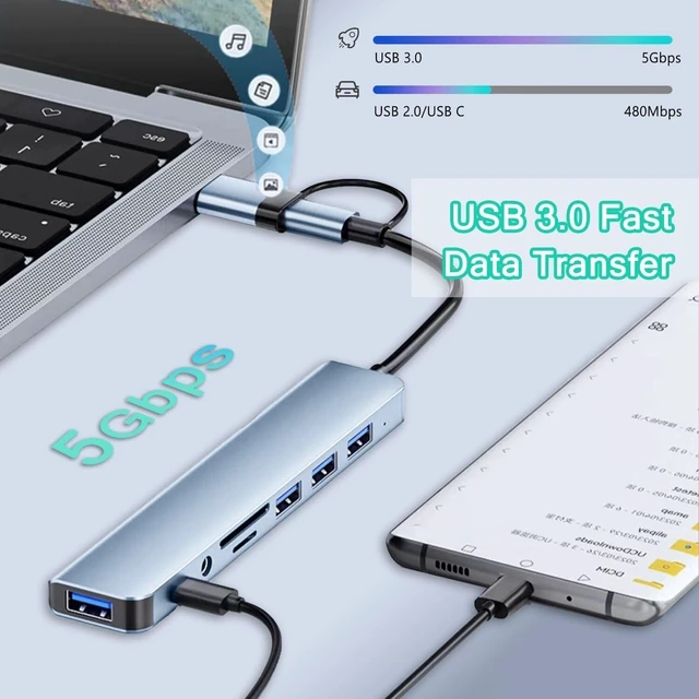 Alt view image 3 of 7 - USB Hub C 8-in-1 Multiport Adapter & Splitter Dual Input USB-C/3.0 to High-Speed 3.0 3 USB 2.0 USB C 3.5mm Audio & SD/TF Card Reader Portable Aluminum Dongle for MacBook Laptop PC