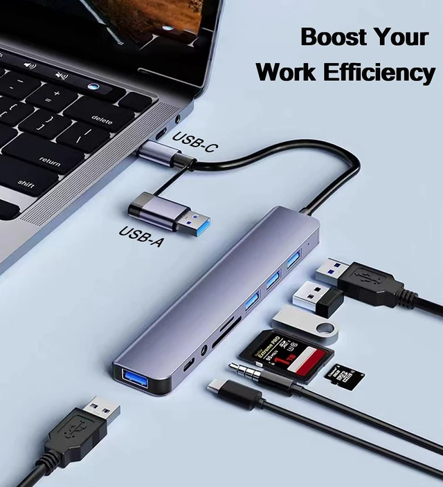 Alt view image 4 of 7 - USB Hub C 8-in-1 Multiport Adapter & Splitter Dual Input USB-C/3.0 to High-Speed 3.0 3 USB 2.0 USB C 3.5mm Audio & SD/TF Card Reader Portable Aluminum Dongle for MacBook Laptop PC
