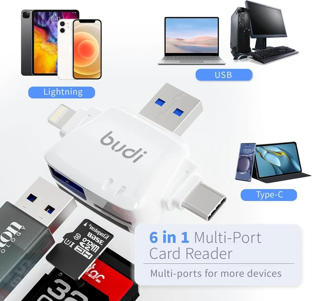 Alt view image 2 of 6 - SD Card Reader for iPhone 6-in-1 Micro SD TF Memory Card Reader Trail Camera Viewerport Adapter Compatible with ipad/Android/Mac/Computer/Camera(White)