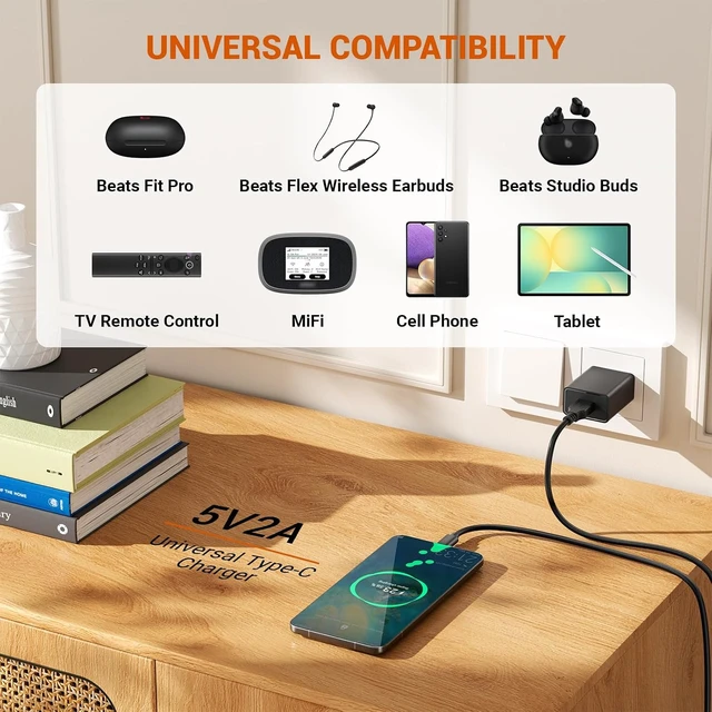 Alt view image 3 of 7 - Universal 5V 2A Type C Charger - USB C Charging Cable for Beats Flex Headphones JBL Wireless Bluetooth Earbuds and Other Type-C Supported Device Power Supply Adapter