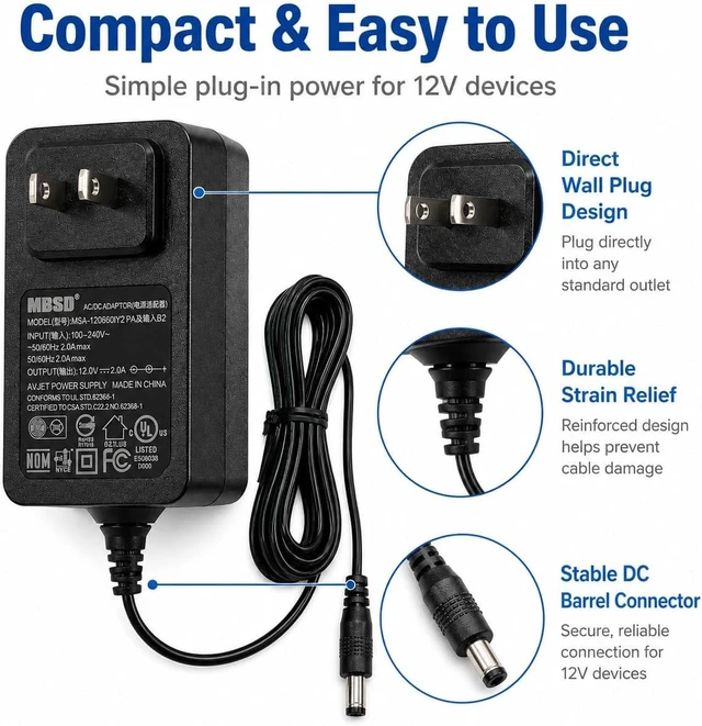 Alt view image 3 of 6 - 12V 2A DC Power Adapter (24W)