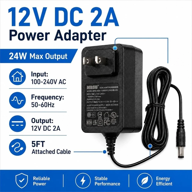 Alt view image 6 of 6 - 12V 2A DC Power Adapter (24W)